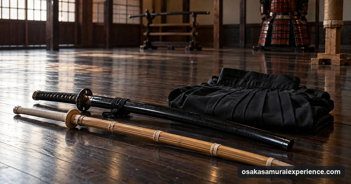 A sheathed Japanese sword and a bamboo kendo sword side by side next to a folded hakama