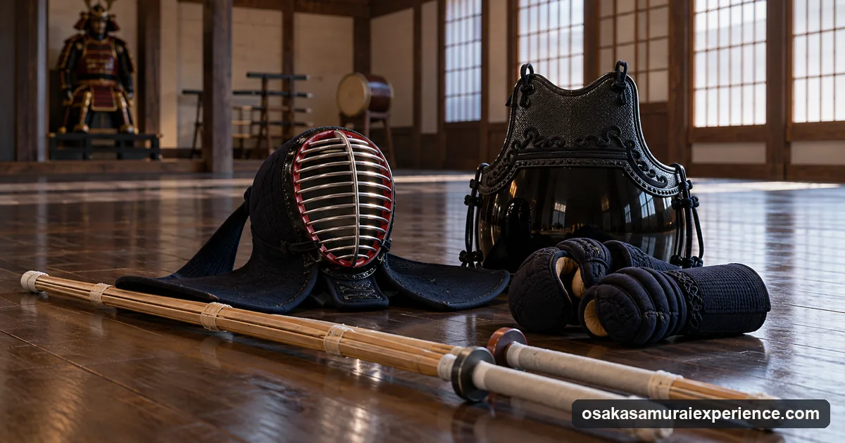 Kendo armor with a grilled helmet, gloves, a chest protector and two bamboo swords on a dojo floor