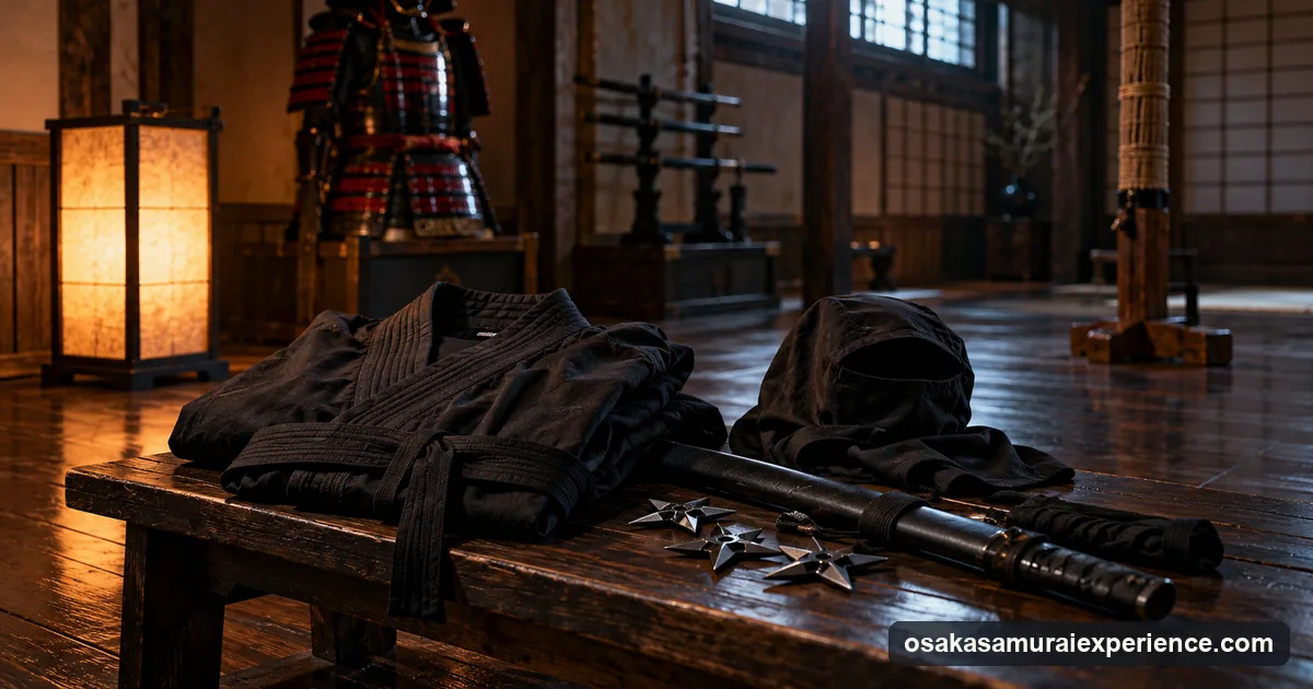 A folded black ninja costume with throwing stars and a short sword on a wooden bench