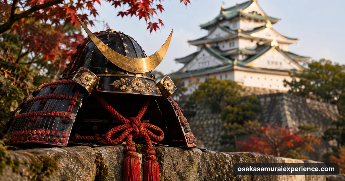 A crested samurai helmet on a stone wall with a white castle keep blurred behind it