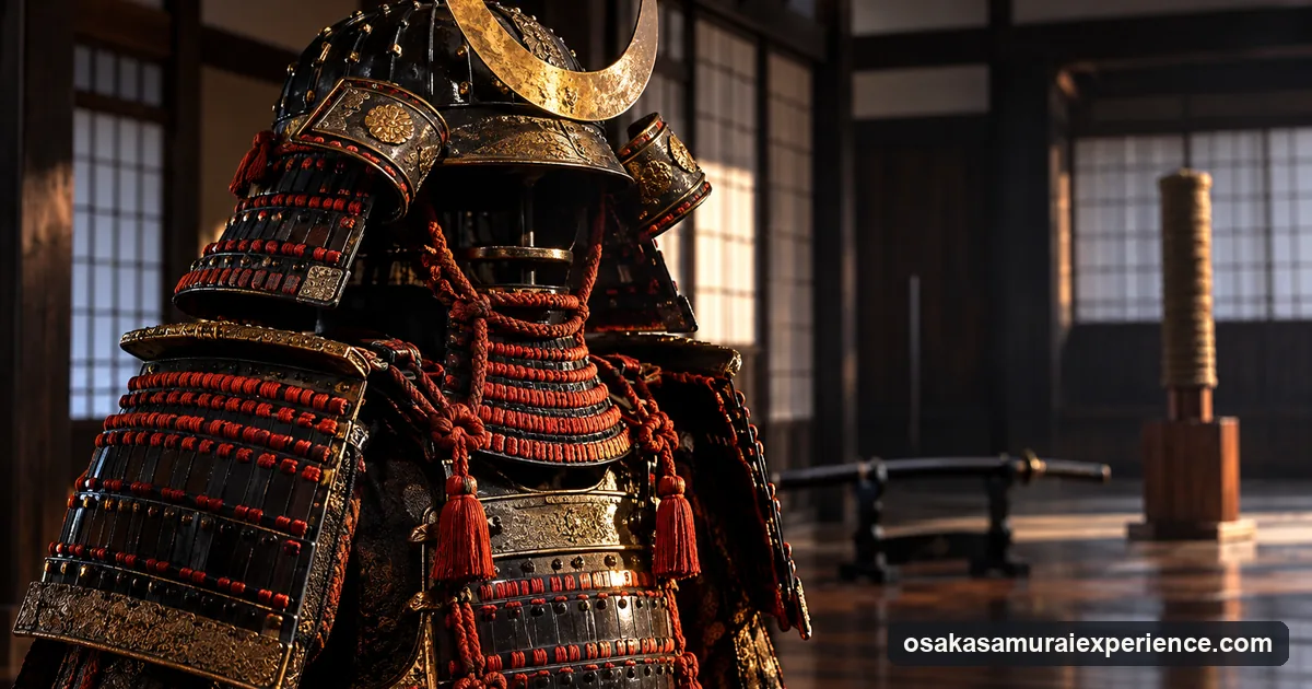 Lacquered samurai armor plates laced with red cords, with a crested helmet on the stand