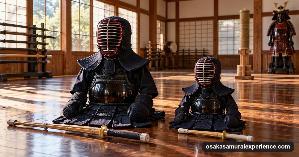 A child-sized set of kendo armor and a short bamboo sword next to an adult set on a dojo floor