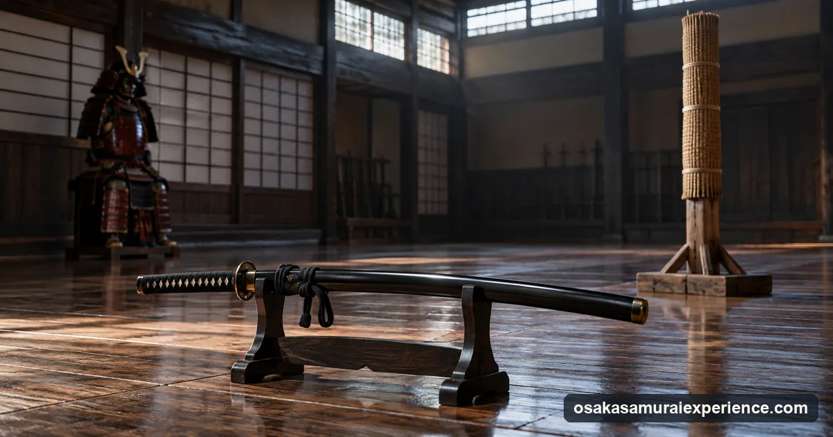 A katana on a wooden stand in an empty dojo with a rolled straw cutting target behind it